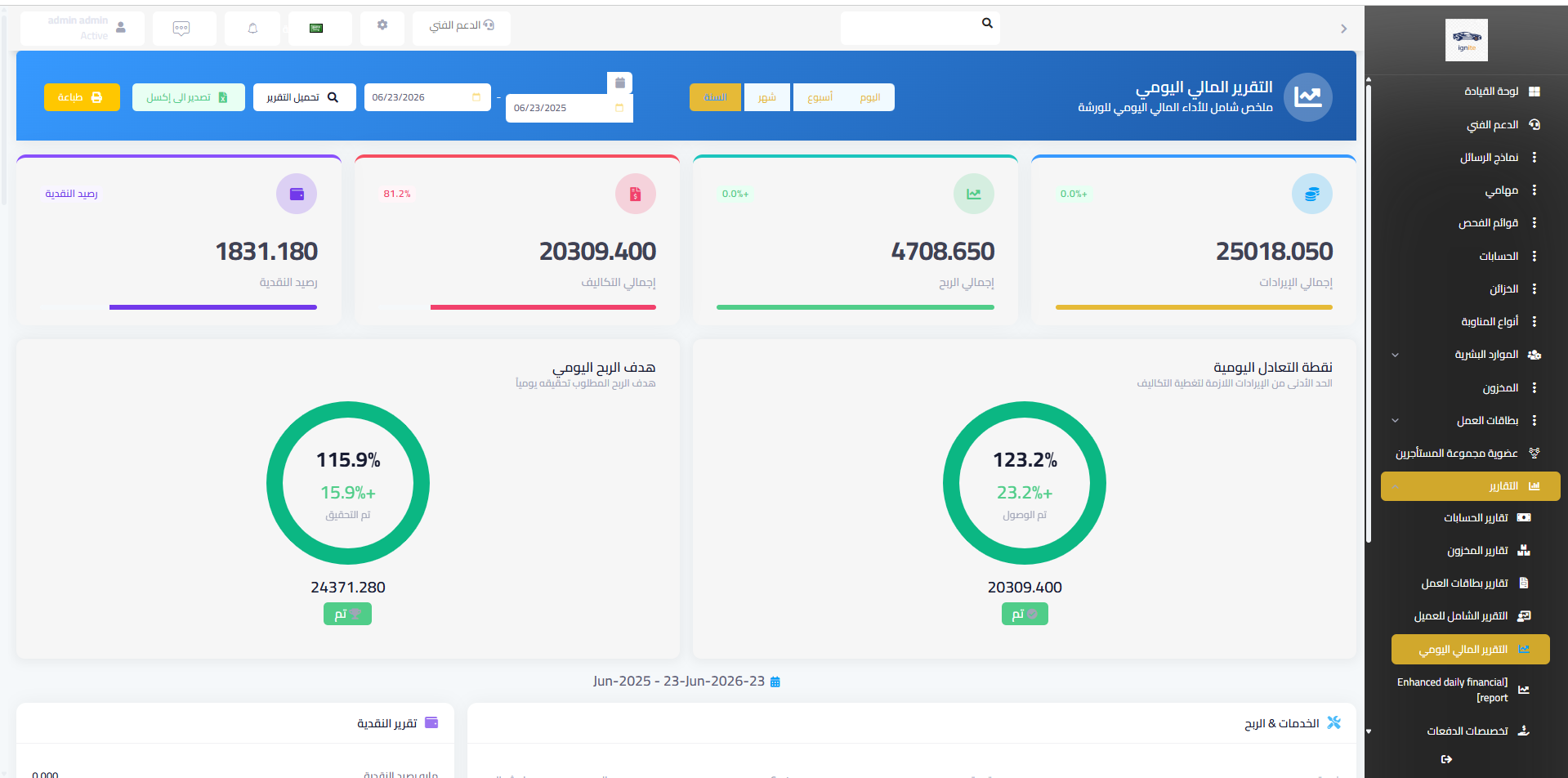 Daily financial report with revenue, profit, and cash balance